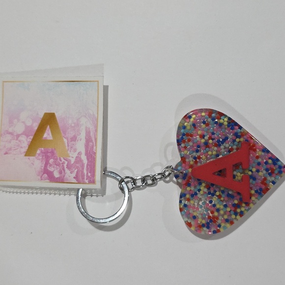 Personalized Resin Heart Keychain – Red “A” Initial with Confetti Beads Charm - Picture 3 of 8